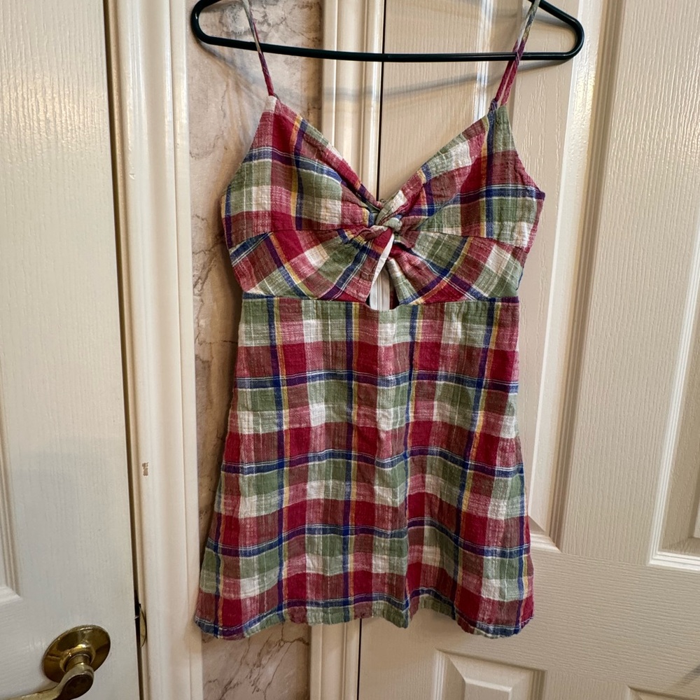 Lush Red, Green & Blue Plaid Tie-Front Mini Dress